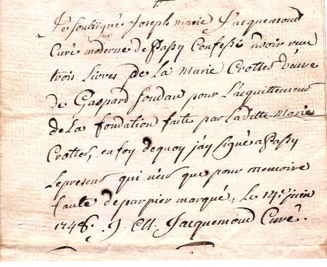 14 juin 1748, Quittance du curé de Passy pour Marie Crottet veuve de Gaspard Soudan (Coll. Jean Perroud)