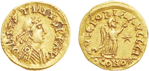 Tiers de sou d’or du royaume des Burgondes au nom de l’empereur Justin Ier et au monogramme du roi Sigismond.