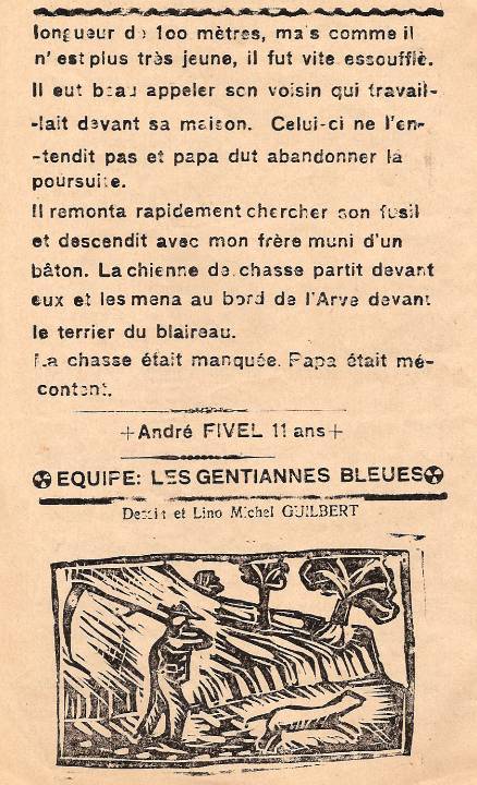 Journal scolaire de Passy « Face au Mont-Blanc », novembre-décembre 1938, p. 8 Un beau coup manqué (chasse au blaireau avec une faux), par André Fivel, 11 ans, dessin et lino Michel Guilbert 
