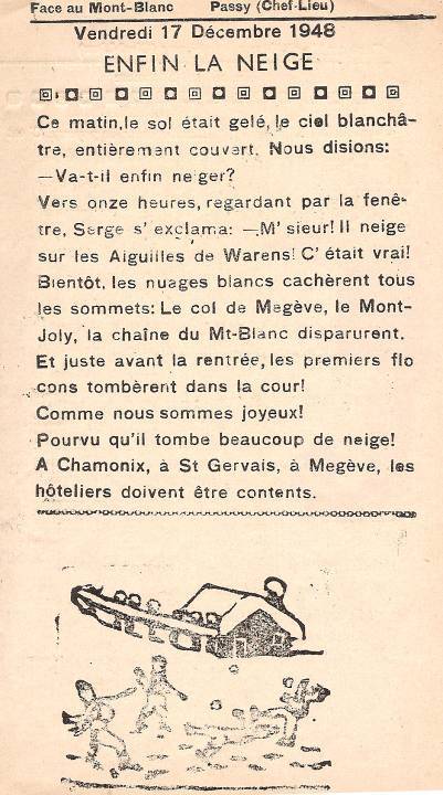 Journal scolaire de Passy, « Face au Mont-Blanc », décembre 1948 - janvier 1949, p. 1  
