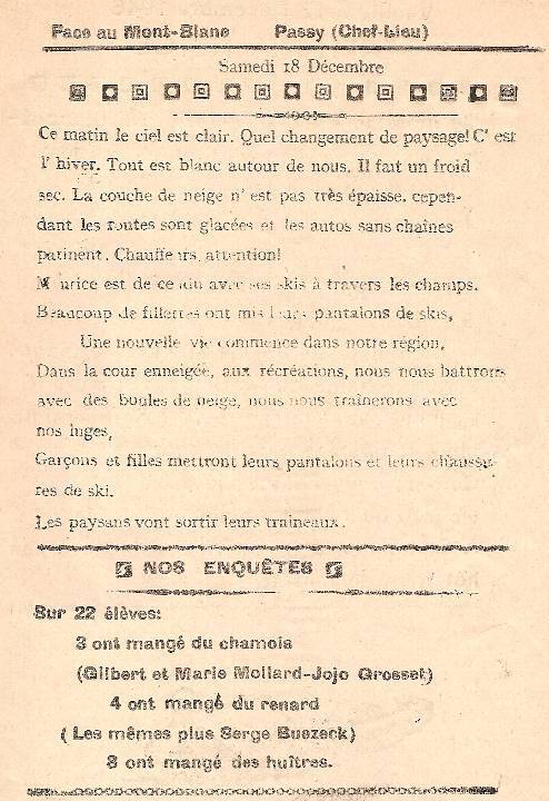 Journal scolaire de Passy, « Face au Mont-Blanc », décembre 1948 - janvier 1949,  p. 2 Samedi 18 décembre  
