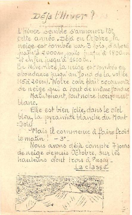 Journal scolaire de Passy, « Face au Mont-Blanc », novembre 1949, p. 8 « Déjà l’hiver », texte collectif 