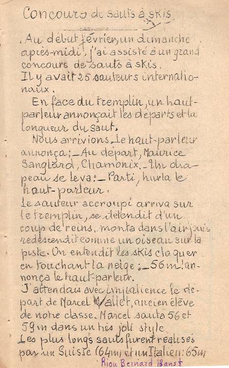 Journal scolaire de Passy, « Face au Mont-Blanc », février 1950, p. 6 Concours de sauts à skis, par Bernard Riou, 13 ans ½ 