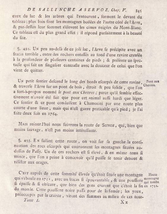 H.-B. de Saussure, Voyages dans les Alpes, tome 1, chap 5, « De Sallenche à Servoz », p. 345, Pont aux Chèvres (site e-rara)