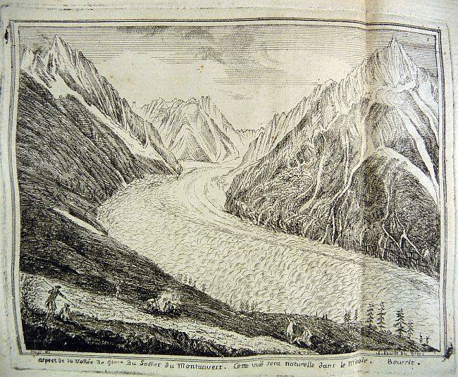 Aspect de la vallée de glace du sommet du Montanvert (gravure de Bourrit)