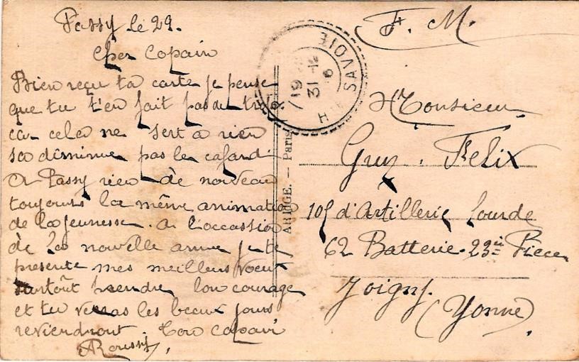 Texte de la carte de « Bonne année » 29 décembre 1916 envoyée par son copain Roussi au soldat Félix Gruz (doc. Famille Devillaz)