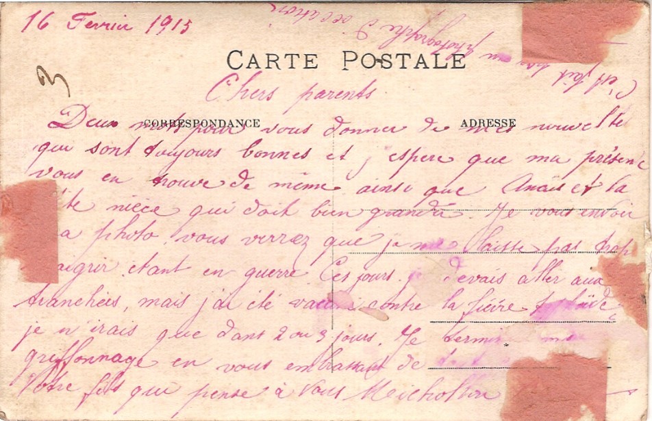 Texte de la carte postale-photo envoyée le 16 février 1915 par René Michollin à ses parents (doc. Christiane Fivel)