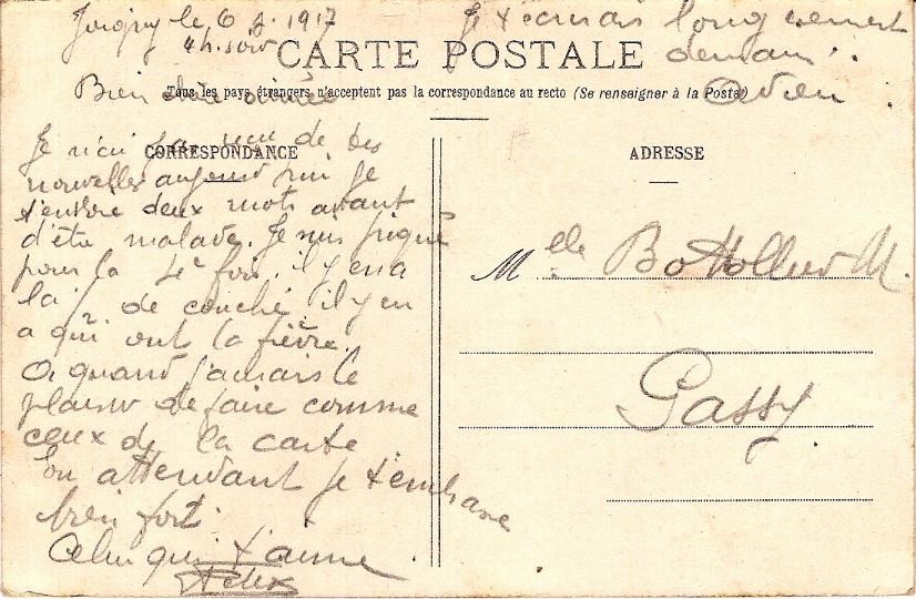 « En permission. Le départ », Texte de la carte envoyée le 6 juillet 1917 par Félix Gruz à Marie Bottollier (doc. Famille Devillaz)