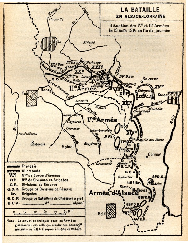 Situation des Ière et IIe armées le 19 août 1914 en fin de journée (site Wikipedia, art. Bataille de Dornac)