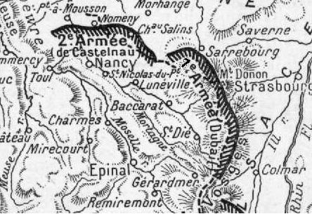 Position des 1ère et 2ème armées françaises en août 1914 : Sarrebourg, en haut à droite