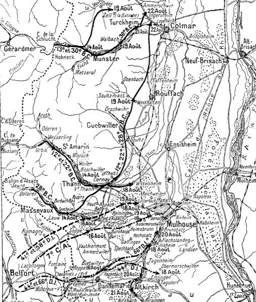 Bataille de Flaxlanden, au sud de Mulhouse, en bas de la carte, le 20 août 1914 (Site chtimiste page batailles1418 alsace 1914) 