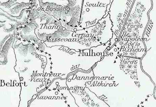 Carte Michelin de la contre-attaque allemande vers Mulhouse le 10 août 1914, d’après guide Michelin édition 1919 (site sambre-marne-yser) 