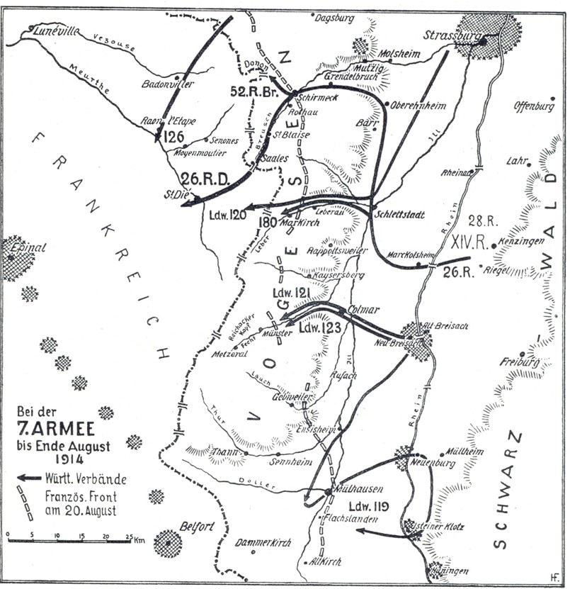 Carte allemande indiquant le mouvement des troupes ; Belfort, Mulhouse et Flachslanden en bas de la carte (site Wikipedia, art. bataille des frontières) 