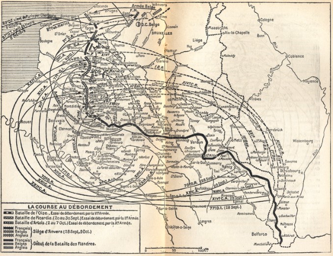 Carte des mouvements par l’arrière (chemin de fer) des unités des armées françaises, britannique et allemandes pendant la course à la mer en septembre et octobre 1914 (site commons.wikipedia.org)