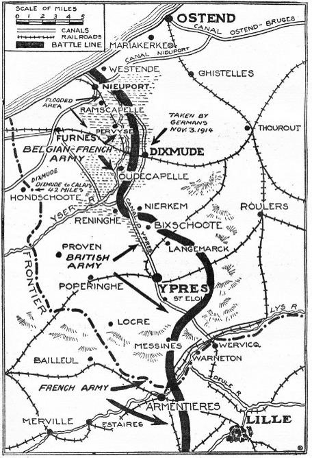 Carte des Flandres fin 1914, Projet Gutenberg – The story of the great war – Bataille des Flandres 1914 (site vouille1418.com)