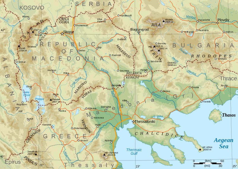 Carte moderne de la Macédoine : Uskub-Skopje en haut à gauche (site art. manœuvre d’Uskub) 