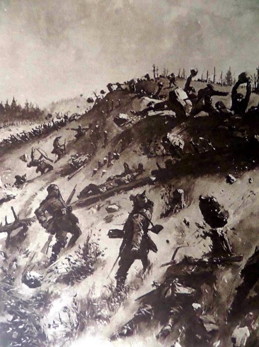 « Nos alpins lancent des rocs sur l’ennemi », dessin de Carrey (journal Le Miroir, 11, N° 88. Le DIMANCHE Ier Août 1915). (Site gallica.bnf.fr) 