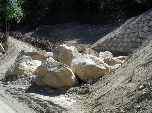 Blocs erratiques en granite extraits lors de la création de la piste forestière EDF de Passy, août 2012 