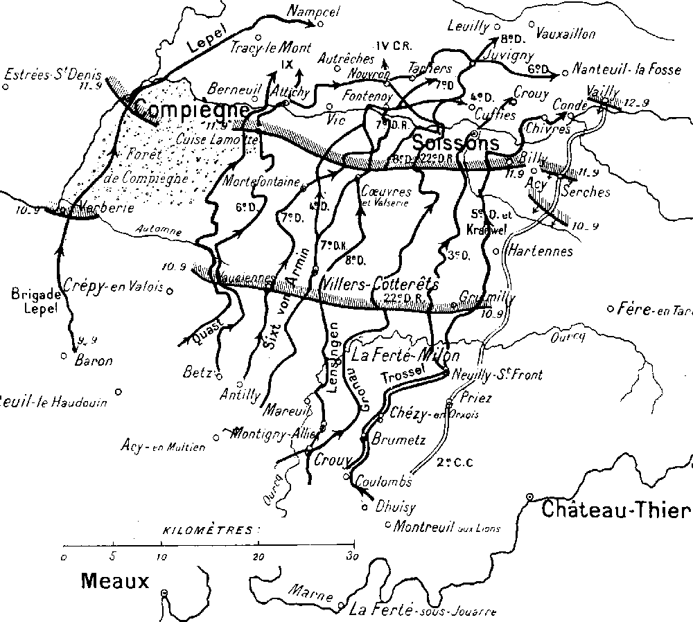 La retraite de la 1ère Armée Allemande après la bataille de la Marne : à partir du 11 septembre 1914 elle s'oriente au nord-est conformément aux ordres de von Bülow (site 1914ancien.free) 