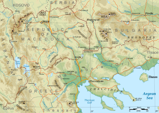Carte moderne du nord de la Grèce et de la Macédoine ; boucle de la Cerna (site Wikipedia, art. Bataille de Monastir, 1916) 