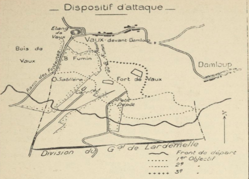 Plan du dispositif d’attaque le 23 octobre 1916, tiré de l’Historique du 333e RI, page 27 (site gallica)