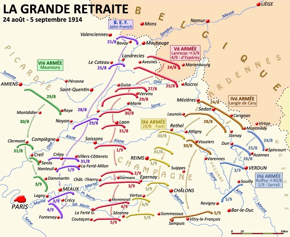 Carte de la “Grande Retraite”, 24 août-5 septembre 1914 (site crdp-strasbourg.fr)
