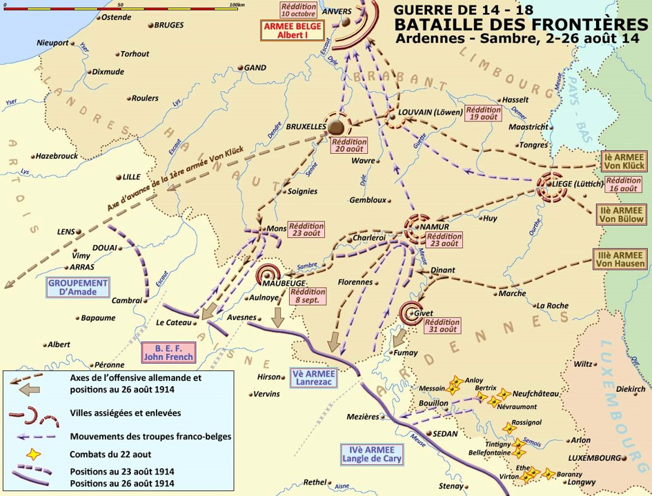 Carte de la bataille des Ardennes et de la Sambre, 2-26 août 1914 ; en bas à droite la IVe Armée de Langle de Cary et position de Stenay (site crdp-strasbourg.fr)